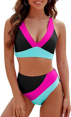 #ad NWT Blooming Jelly sz L 2pc Bikini Swimsuit Sport Color Block High waisted U40 $25.99