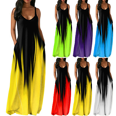 #ad UK Womens Summer V Neck Long Dress Ladies Boho Beach Holiday Maxi Sundress Size $22.99