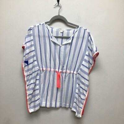 J. Crew Girls Beach Kaftan Tunic Cover Up White Blue Striped 100% Cotton 14 $11.47