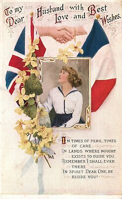 #ad Vintage Postcard Best Wishes To Dear Husband Civil Wedding Flowers Flag Greeting $8.98