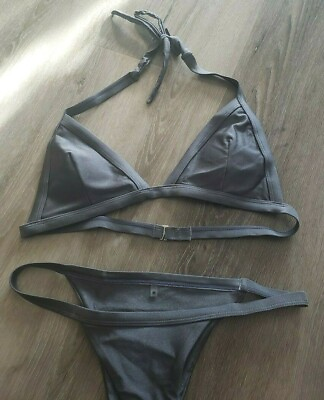 Women size M metallic gray silver triangle top cheeky bottom two piece swimsuit $25.93