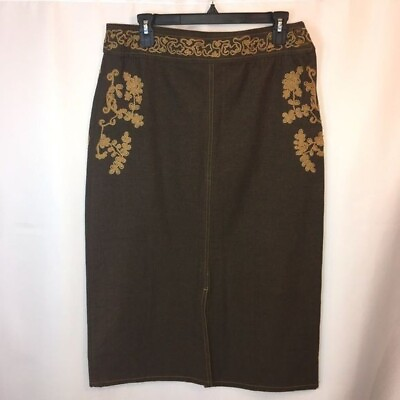 #ad Studio Ease denim skirt long Western Embroidered size 8 brown yellow side zip $24.89