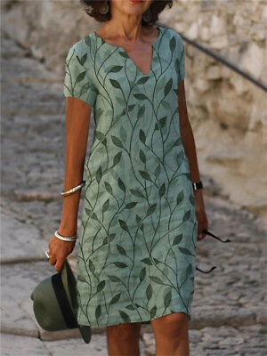 Ladies V Neck Beach Boho Sundress Plus Size Women Summer Cotton Linen Leaf Dress $19.59