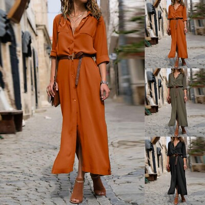 #ad Women#x27;s Button Long Sleeve Shirt Maxi Dress Autumn Loose Casual Belted Dresses $21.69