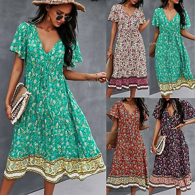 Womens Boho Floral Holiday Summer Dress Ladies V Neck Short Sleeve Midi Sundress $20.98