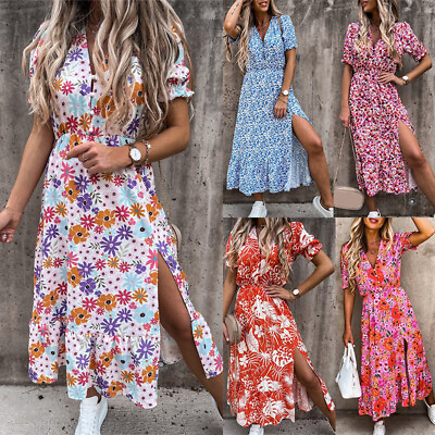 Boho Women#x27;s Summer Sun Dresses Ladies Party Floral Midi Dress Holiday Plus Size $4.47