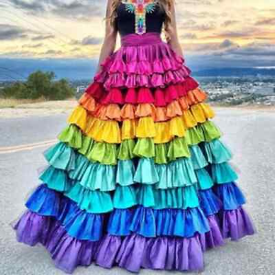 #ad 2024 new Rainbow satin skirt women#x27;s high waisted long skirt clothing $207.38