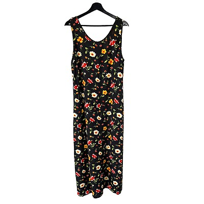 #ad Vintage 90s Black Multicolor Floral Print Sleeveless Full Length Dress XL $46.00
