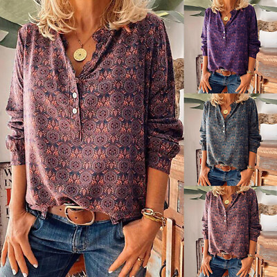 Womens V Neck T Shirt Loose Button Casual Blouse Long Sleeve Boho Vintage Tops $13.36