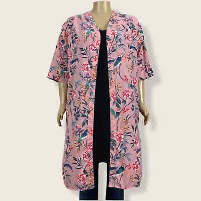 #ad New Look Curves Pink Floral Bird Print Long Kimono Jacket 16W PLUS Boho Festival $28.00