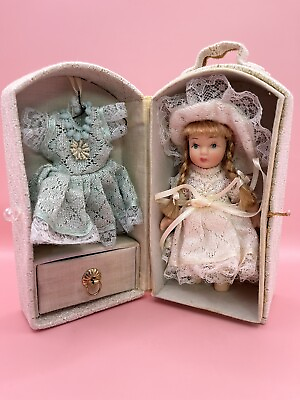 #ad Vintage Porcelain Doll in Wardrobe Carrying Case w Extra Dress On Hanger Drawer $28.49