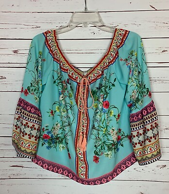 #ad Umgee USA Boutique Women#x27;s S Small Blue Floral 3 4 Sleeve Cute Summer Top Blouse $28.00