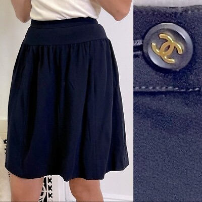 CHANEL Blue Silk Crepe Skirt Logo Button Size 0 $223.18