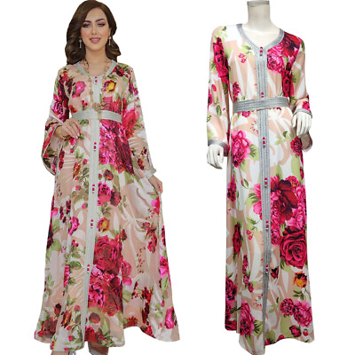Muslim Women Long Sleeve Maxi Dress Floral Printed Kaftan Dubai Jilbab Moroccan $54.79