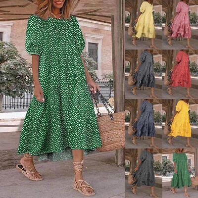 #ad Womens Boho Plaid A Line Midi Dress Ladies Loose Holiday Beach Ruffled Sundress $19.52