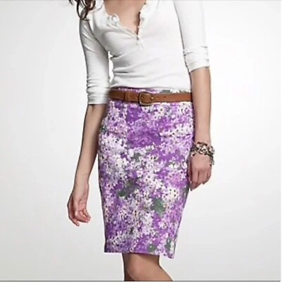#ad J. Crew Watercolor Garden Pencil Skirt Size 2 Purple Floral Knee Length Summer $25.00