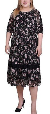 #ad NY Collection NWT Womens Plus Size 3X Floral 3 4 Sleeve Smocked Waist Line Dress $24.99