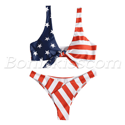 #ad 2pcs Women#x27;s American Flag Pattern Tie Knot Front Bikini Sets Swimwear Swimsuit $16.99