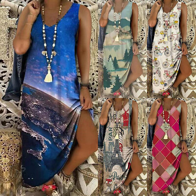 #ad Womens Summer Boho Floral Maxi Dress V Neck Baggy Kaftan Holiday Beach Sundress $20.79