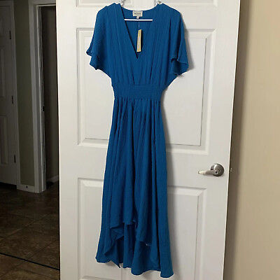 #ad New 4Our Dreamers Turquoise Blue Guaze Hi Low V Neck Bohemian Maxi Dress XSmall $52.22