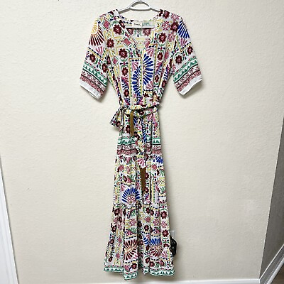 #ad Dixie Anthropologie Tiered Maxi Dress Floral Multi Color Tie Waist Size S $59.99