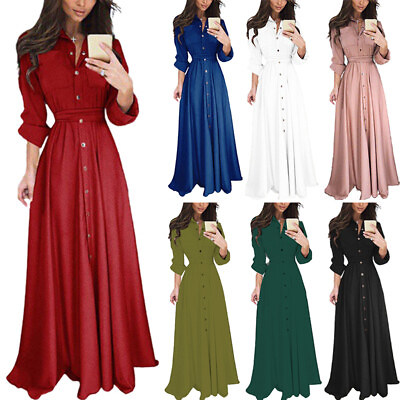 Womens Long Sleeve Lapel Shirt Dress Ladies Casual Solid Button down Maxi Dress $25.93