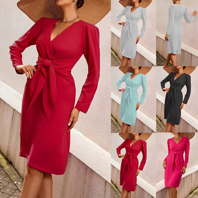 #ad Women#x27;s V Neck Long Sleeve Bodycon Midi Dress Ladies Formal Cocktail Party Dress $27.35