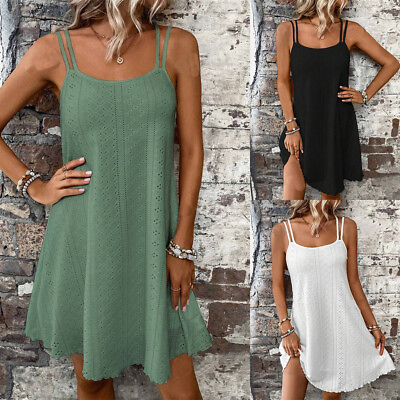 #ad Women Strappy Dress Sleeveless A line Beach Dress Summer Holiday Casual Sundress $16.29