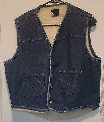 #ad LARGE Vintage Sears Roebucks Blue Denim Vest Lined 1970s Retro Jeans Warm $31.99