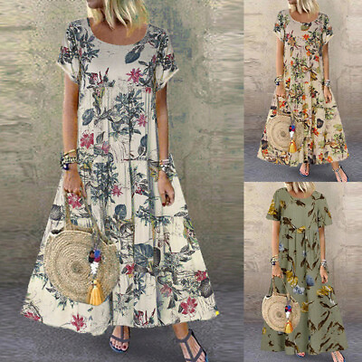 #ad Womens A Line Floral Boho Maxi Dress Short Sleeve Summer Kaftan Long Sundress US $6.00