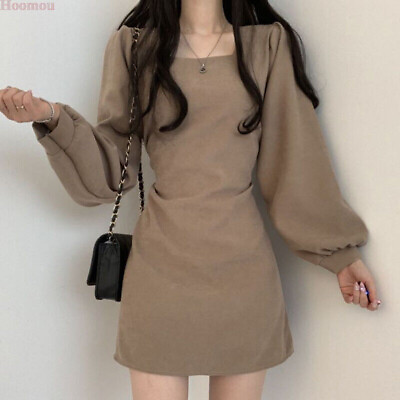 #ad Korean Women Retro Square Neck Puff Sleeve A line Mini Party Fall Winter Dress $20.92