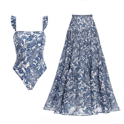 #ad Blue Printed One Piece Swimsuit High Waist Strap Chiffon Elastic Beach Skirt $74.35