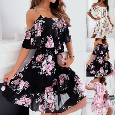 #ad Summer Women Floral Print Sleeveless Sundress Ladies Cold Shoulder Beach Dresses $20.99
