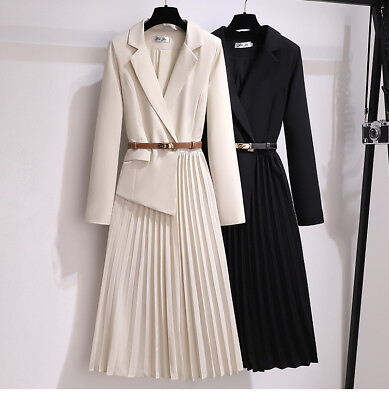 Women#x27;s Fashion Elegant Belted Pleated Custom Fit Long Sleeve Skirt Suit Dress $55.29