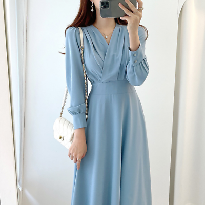 #ad 2023 New V neck Puff Sleeve A line Maxi Dresses Women Midi Robe Korean Dresses $50.66