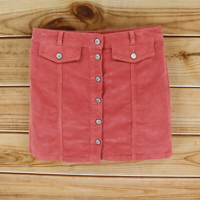 SO Short Skirt Women WAIST: 32 In Faded Red Corduroy Button Stretch Faux Pockets $15.59