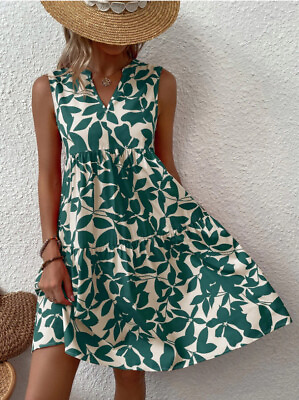 #ad Bohemian Dress Summer Beach Fashion Loose V neck Pleated Print Sleeveless $18.09