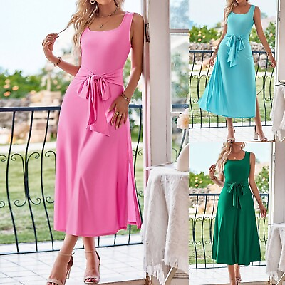 #ad Long Summer Dresses For Women Sleevess Colorblock Stretch Dress Outfits $19.37