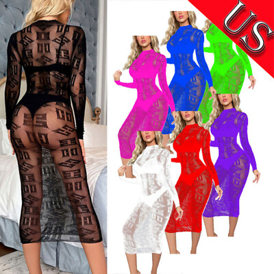 #ad US Women Sexy Long Sleeve Fishnet Mesh See Through Dress Beach Bikini Cover Up $8.45