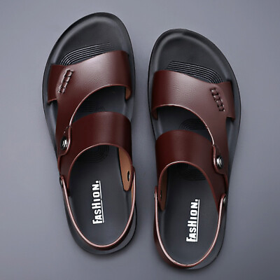 Men Shoes Leather Non slip Beach Slip On Sandals Travel Flip Flop Slippers Brown $46.64