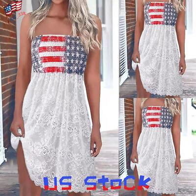 #ad Womens American Flag Print Strapless Mini Dress Ladies Lace Bandeau Summer Dress $13.29