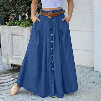 #ad #ad Women Solid Boho Casual Loose Swing Pockets Long Dress Buttons Maxi Skirt $24.10