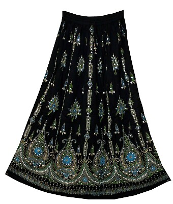 #ad #ad Long Skirt Black tie dye Yoga Women#x27;s Sequined Crinkle Broomstick india Gypsy $20.30