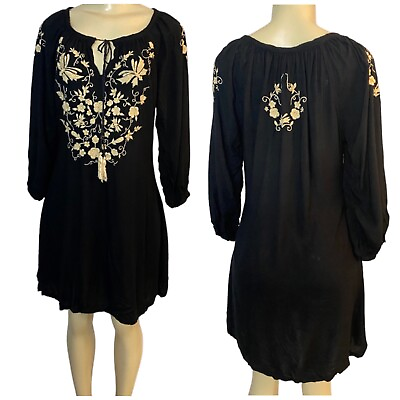 #ad Ane Mone Black Embroidery Floral Tunic Boho Dress Size Medium Front Tie Tassel $38.00