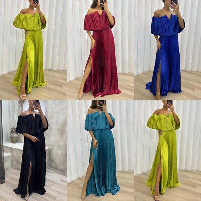 #ad NEW Women Stylish Side Slit Short Sleeves Off Shoulder Club Party Long Dress $37.98
