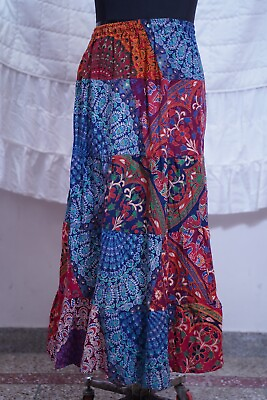 #ad Boho Patchwork Skirt * Long Gypsy Hippie Tiered in 100% Silky Rayon * Maxi Full $19.99