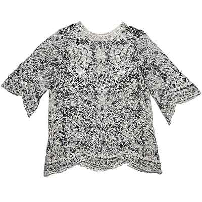 #ad Anthropologie Shirt Women Medium White Black Lace Boho Embroidered Solitaire $17.99