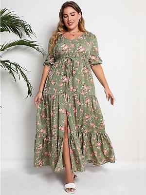 #ad Plus Size Floral Print Half Sleeve Split Hem Maxi V Neck Long Dresses for Women $38.68