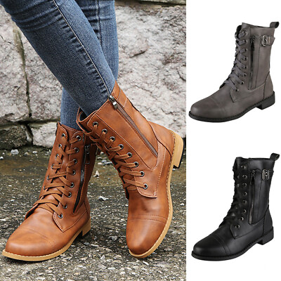 #ad Womens Mid Calf Boots Side Zipper Winter Boot Motorcycle Ladies Lace Up Non slip $45.47