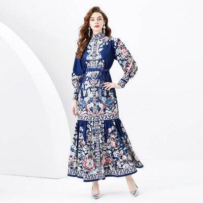 #ad Spring Fall Floral Print High Neck Loops Long Sleeve Women Loose Maxi Dresses $37.99